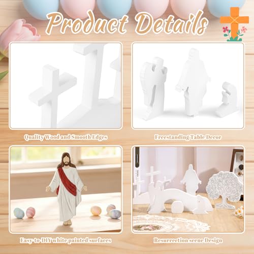 APUDW 7 Pcs Easter Scene and Cross Decoration White Wooden Empty Tomb Resurrection Scene Tabletop Display Christian Religious Jesus Nativity Set for Easter Holy Week Home Office Church Tray Shelf