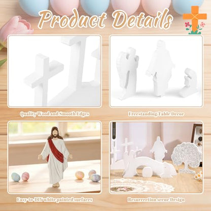 APUDW 7 Pcs Easter Scene and Cross Decoration White Wooden Empty Tomb Resurrection Scene Tabletop Display Christian Religious Jesus Nativity Set for Easter Holy Week Home Office Church Tray Shelf