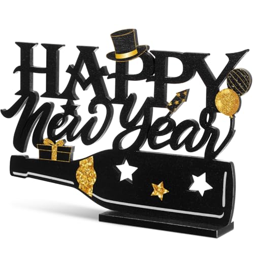 Amyhill 2026 Happy New Year Wood Sign Wooden Black Gold Glitter Tabletop Decorations 2026 Table Centerpiece for New Year Eve Party Supplies Home Decorations - style: Happy New Year