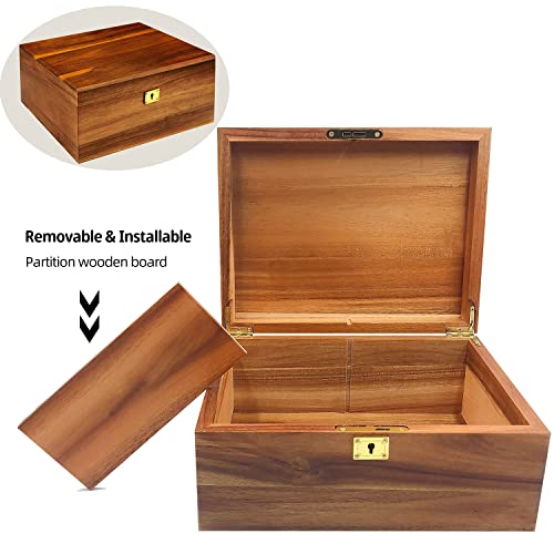 WELITTCON Wood Box Large Decorative Wooden Storage Box with Hinged Lid and Locking Key Premium Acacia Keepsake Chest Box Memory Gift Wooden Boxes 11 X 8.5 X 5 Inches - style: Key Lock with partition