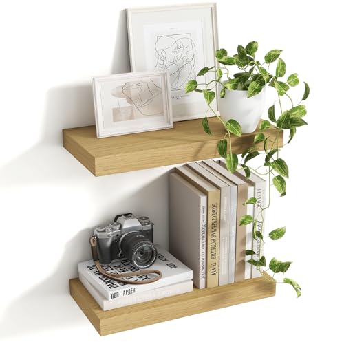 Acovy 16 Inch Floating Shelves, 8 Inch Deep Floating Shelves for Wall, Hanging Shelf with Invisible Brackets, Deep Shelves for Bathroom, Bedroom, Living Room, Oak, Set of 2 - color: Oak, size: 8"Wx16"L-2pcs