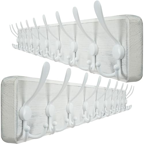 WEBI Coat Rack Wall Mounted,38 9/16" Long,10 Triple Hooks,Wood Coat Hooks Wall Mount,Large Coat Hanger Wall,Hook Rack,Tri Hooks for Hanging Coats,Clothes,Jacket,Entryway,Rustic White,2 Packs - color: White/White, size: 10 Hooks(2 Packs)