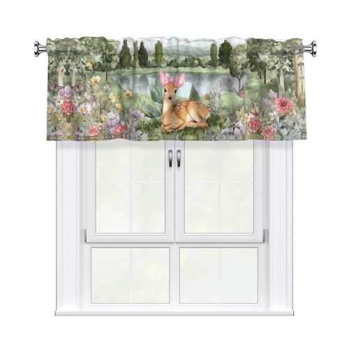 Floral Deer Curtain Valance 54x18 Inches Window Treatment Rod Pocket Valance for Kitchen Bathroom Bedroom - color: Floral Deer