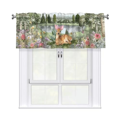 Floral Deer Curtain Valance 54x18 Inches Window Treatment Rod Pocket Valance for Kitchen Bathroom Bedroom - color: Floral Deer