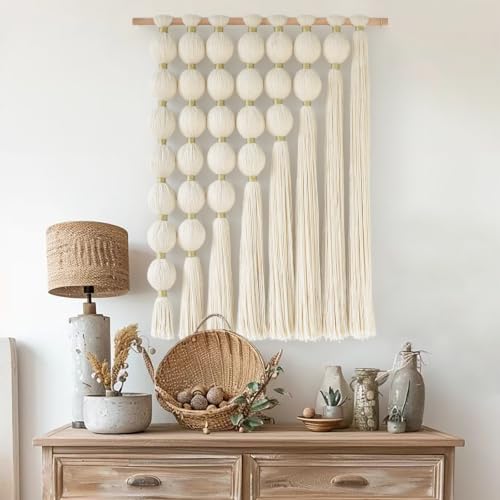 Jakalin Macrame Wall Hanging, Ivory Tassel Ball Boho Wall Decor, 27"x31" - color: Ivory1