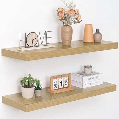 Acovy 36 Inch Floating Shelves, 12" Deep Floating Shelf Wall Mounted, 36" Wall Shelves, Rustic Deep Bookshelf, Extra Deeper & Thicker Display Shelves for Bedroom, Living Room, Oak, Set of 2 - color: Oak, size: 12"Wx36"L-2pcs