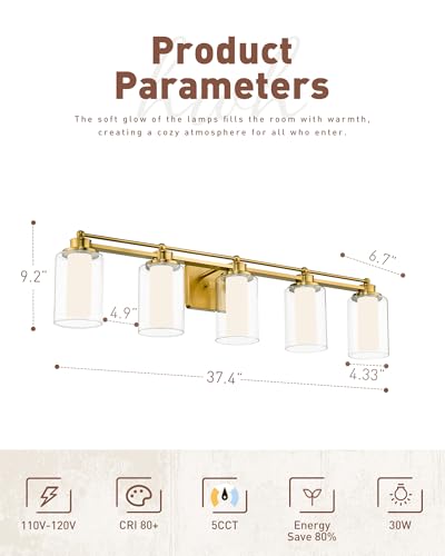 HWH 5-Light Vanity Light, Brushed Gold, Clear Glass, 30W, 5HLT63B-5W-LED BG - color: Brushed Gold + LED, size: 5 Lights