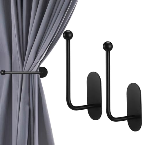 CroBlissful 2 Pcs Adhesive Curtain Holdbacks No Drill Window Hook,Black - color: Black