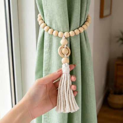 Magnetic Wood Bead Curtain Tiebacks Boho Farmhouse