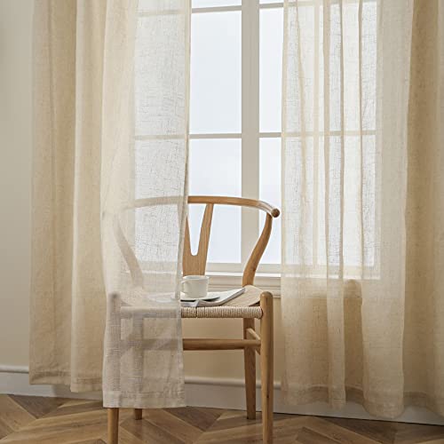 Demetex Beige Linen Sheer Curtains 63 inch Length Natrual Linen Semi Curtains Window Curtain Panels for Bedroom Lving Room Patio Windows, Set of 2, 54 x 63 inches Long, Beige - color: Linen, size: 54"W x 63"L (Pack of 2)