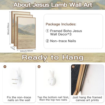 CHDITB 3Pcs Jesus with Lamb Landscape Framed Canvas Wall Art 24x36 Inch - color: Jesus Leaves The 99 Parable of The Lost Sheep, size: 24"L x 36"W