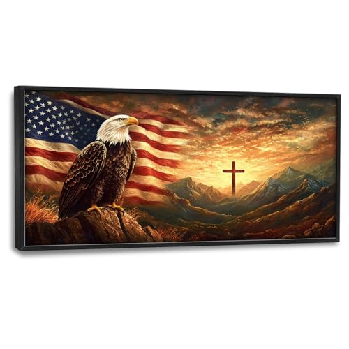 Trulave Large Bald Eagle American Flag Wall Art for Living Room 60''x30'' | Framed Christian Cross Canvas Wall Decor Eagle Picture Painting Modern Artwork for Bedroom Office - color: Bald Eagle, size: 60"L x 30"W