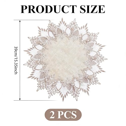 2 Pcs Lace Doily, 15" Round Neutral Earth Tones Beige Lace Coffee Table Topper Linen Style Tablecloth Placemats with Embroidery Edge for Dining Room - size: 15"