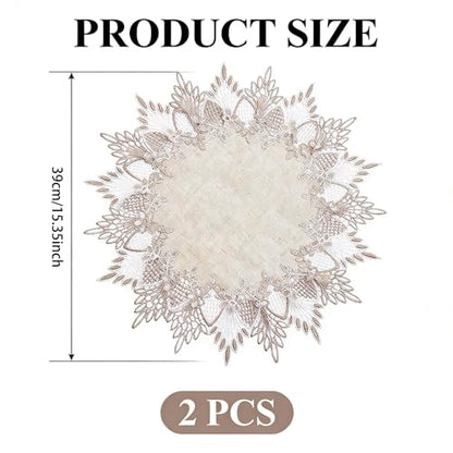 2 Pcs Lace Doily, 15" Round Neutral Earth Tones Beige Lace Coffee Table Topper Linen Style Tablecloth Placemats with Embroidery Edge for Dining Room - size: 15"