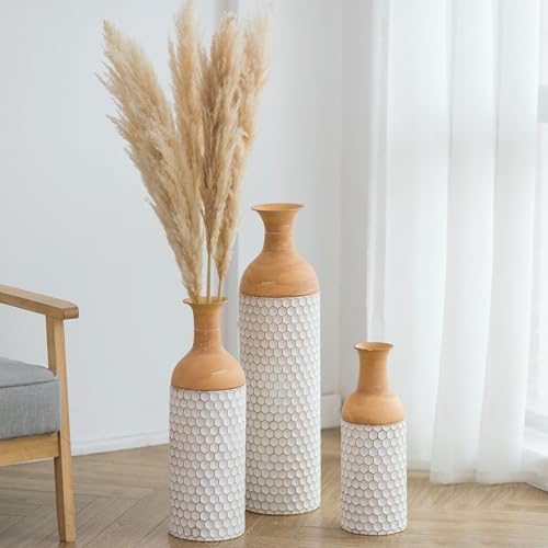 Sziqiqi Tall White Floor Vase, Rustic Metal Large Vases, Set of 3 - style: Large White Vases