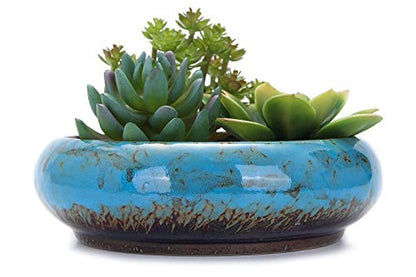 VanEnjoy 7.3 inch Round Large Shallow Succulent Ceramic Glazed Planter Pots with Drainage Hole, Bonsai Pots Garden Decorative Cactus Stand Flower Container (Blue) - color: Blue