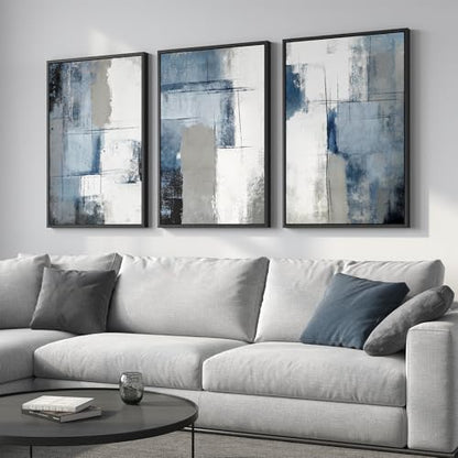 Large Framed Blue and Gray Abstract Wall Art for Living Room, 3 Piece 24x36 - color: Ash Blue Balance, size: 24" W x 36" H x 3Pcs