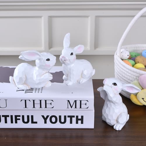 Easter Bunny Figurines, 3PCS White Resin Rabbit Decor with Hand-Carved Texture, Cute Easter Bunnies Collectables for Home Spring Tabletop Centerpiece, Tiered Tray, Shelf (White)
