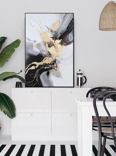 SAFERRYHOME Framed Abstract Black and Gold Modern Wall Art, Large 24"x36"x2 - color: Black Gold 1, size: 24" x 36" x 2 Panel Framed