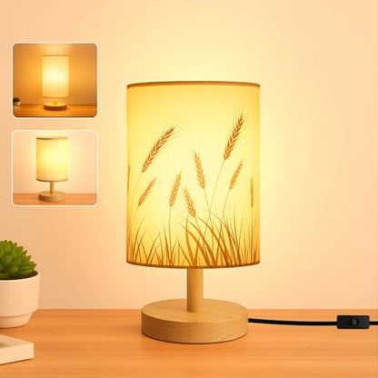 Desk Lamp LED Bulb Included, Small Bedside Table Lamp Plug-in - Classic Wood Base with Flaxen Fabric Shade, Lamps for Night Stands, Simple Nightstand Light for Bedroom, Office, Desk - color: Wheat Ear
