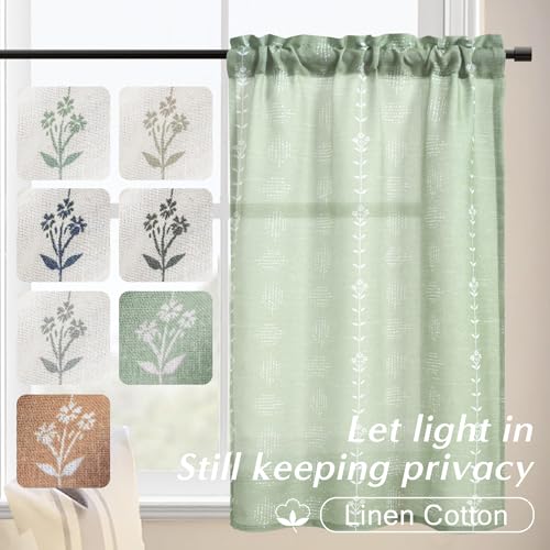 Lino Rosa Bathroom Curtains Window,Boho Sheer Linen Block Print Curtains for Shower Window,Sage Green - color: Sage, size: 24"W x 24"L (Pack of 2)