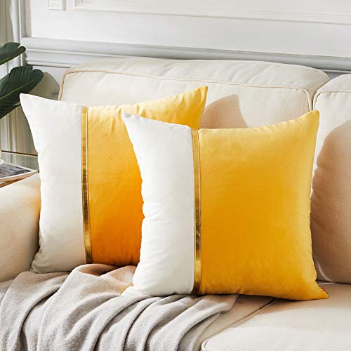 Fancy Homi Pack of 2 Patchwork Soft Velvet Decorative Throw Pillow Covers, Luxury Modern Solid Cushion Case for Couch Sofa Bed Livingroom, Yellow, 20" x 20" (Pack of 2) - color: Yellow, size: 20" x 20" (Pack of 2)