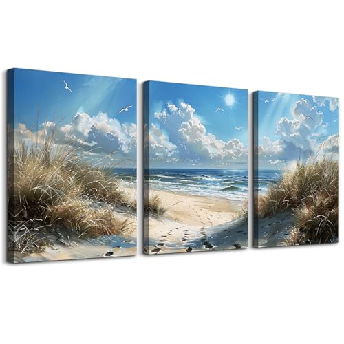 TTHYUEWS Wall Art For Living Room Canvas Wall Decor For Bedroom Bathroom Decorations Blue Ocean Beach Wall Painting Sea Wave Wall Pictures Artwork for office Modern Home Decor Ready To Hang 3 Piece - color: Ocean Beach Wall Paintings, size: 12x16inches*3p