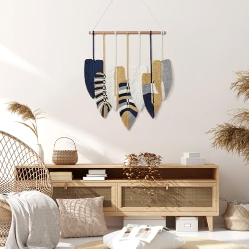 Betylifoy Macrame Wall Hanging Tapestry Boho Leaf Feather Wall Decor - color: Blue Yellow