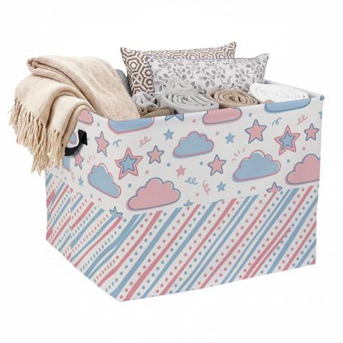 Pastel Clouds Stars Laundry Hamper, 56L Large Foldable Laundry Basket with Handles, for Family Clothes, Toy Storage Bin, Blankets,Decorative Organizer for Shelves & Closet Home Decor Bedroom & Nursery - color: Pastel Clouds Stars