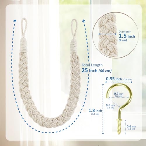 Home Queen Hand Braided Curtain Tie Back, Buckle Holdback Drapery Curtain Tiebacks, 2 Rope Cotton Belt Curtain Tie with 2 Metal Hooks, Off White - color: Off White, size: 2PC