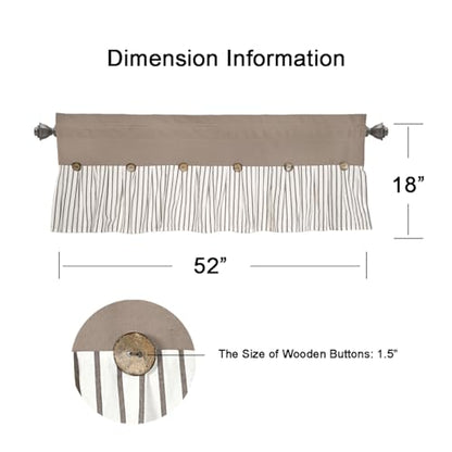 DOSLY Ides Farmhouse Rustic Taupe Cotton Valance Curtain, Brown Striped Pleated Design with Coconut Buttons, Multi-Room Window Treatment for Kitchen Living Room Bedroom, 52" W x 18" L - color: Taupe & Brown Striped, size: 52"W x 18"L (Pack of 1)