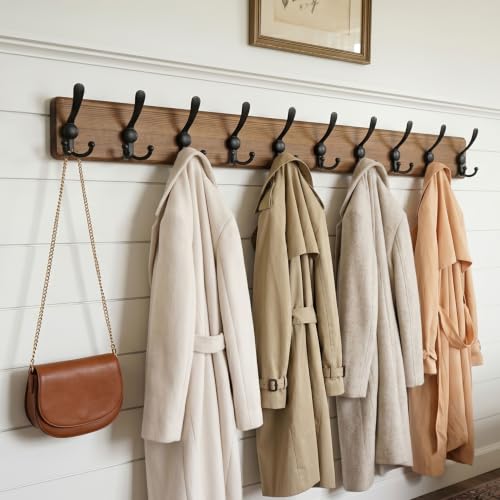 WEBI Coat Rack Wall Mount,38 9/16" Long,10 Hooks,Coat Hooks Wall Mounted,Coat Hanger Wall,Farmhouse Wood Hook Rack Rail,Triple Hooks for Hanging Coats,Clothes,Jacket,Brown - color: Brown, size: 10 Hooks