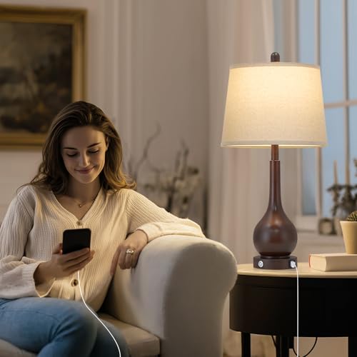 26" Brown Table Lamp Single, Touch Control Bedside Lamp for Bedroom Nightstand, 3-Way Dimmable Farmhouse Lamp for Living Room with Charging Port (1 Pack) - color: Brown - 26"H - 1 Pack