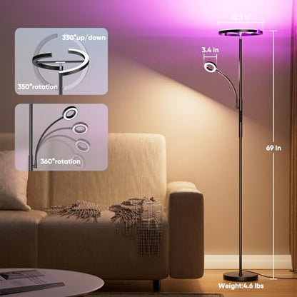 SIBRILLE Upgraded 36W RGBCW Floor Lamp with Ring Reading Lamp, Rotatable Remote Control LED Standing Lamp Dimmable Floor Light Modern Standing Light for Living Room Bedroom Home Office, Black - color: 2-in-1