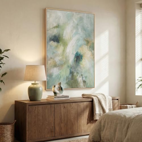 Extra Large Framed Teal Sage Green Abstract Wall Art, Vertical 40x60 In - color: Green A, size: 60"L x 40"W