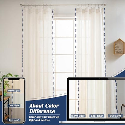 DriftAway Semi Sheer Scalloped Edge Linen Coastal Beach Window Curtains for Living Room Bedroom 2 Panels Rod Pocket Each Size 52 Inch by 63 Inch Navy - color: Linen Navy, size: 52"W x 63"L (Pack of 2)