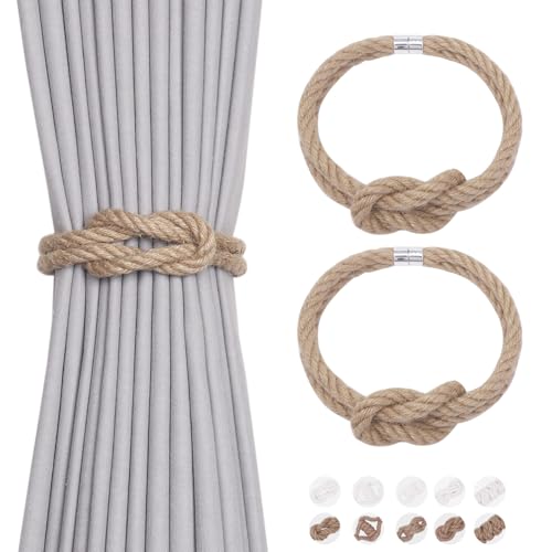 NICEEC 2 Pack Natural Jute Rope Curtain Tiebacks Elegant Boho Style Magnetic Drape Tie Backs Soft Hand-Woven Rope Curtain Holdbacks for Home & Office Drapery (Jute knot-02) - color: Jute Knot-02, size: 2 Pack