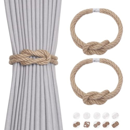 NICEEC 2 Pack Natural Jute Rope Curtain Tiebacks Elegant Boho Style Magnetic Drape Tie Backs Soft Hand-Woven Rope Curtain Holdbacks for Home & Office Drapery (Jute knot-02) - color: Jute Knot-02, size: 2 Pack