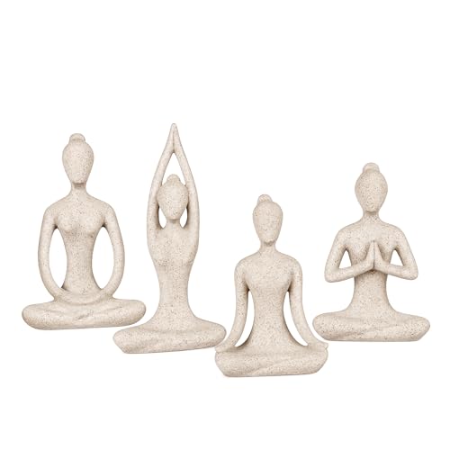 OwMell Lot of 4 Meditation Yoga Pose Statue Figurine Ceramic Yoga Figures - color: Stone