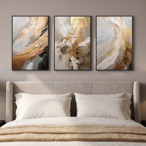 Framed Neutral Gold Abstract Wall Art for Bedroom, 3 Piece Set, 16x24 In - color: Neutral Gold Accents, size: 16" W x 24" H x 3pcs