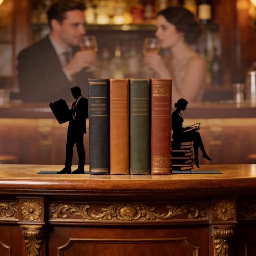 Metal Bookends Lovers Reading Book Ends for Shelves - color: Black - 1 Pair Couple Reading Book