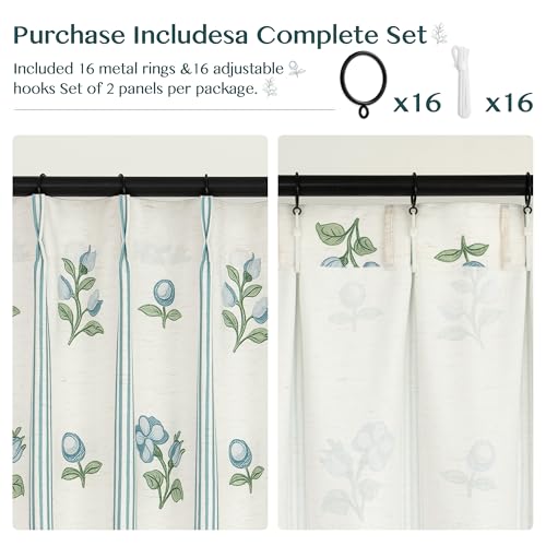 Pinch Pleat Linen Blend Curtains Blue Stripe Floral, 40"W x 90 Inches Long - color: Blue Stirpe, size: 40"W x 90"L (Pack of 2)