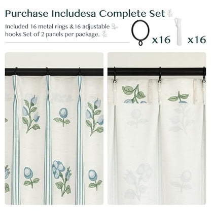 Pinch Pleat Linen Blend Curtains Blue Stripe Floral, 40"W x 102 Inches Long - color: Blue Stirpe, size: 40"W x 102"L (Pack of 2)