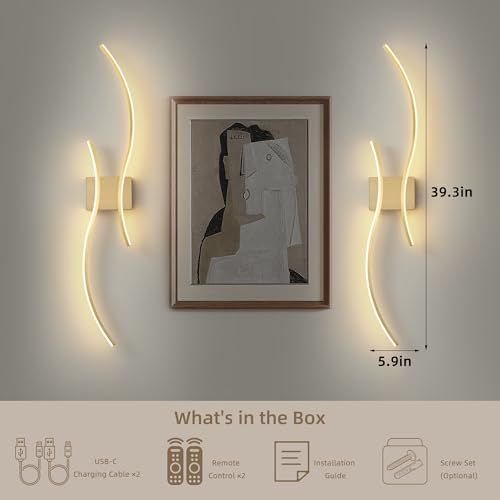 Wireless Wall Sconces Set of Two, Dimmable, 3CCT, Up to 65H Runtime - color: Brushed Brass, size: 39.3 inches (2 Pack)
