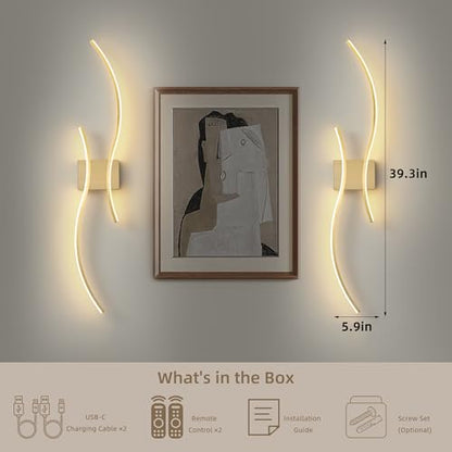 Wireless Wall Sconces Set of Two, Dimmable, 3CCT, Up to 65H Runtime - color: Brushed Brass, size: 39.3 inches (2 Pack)