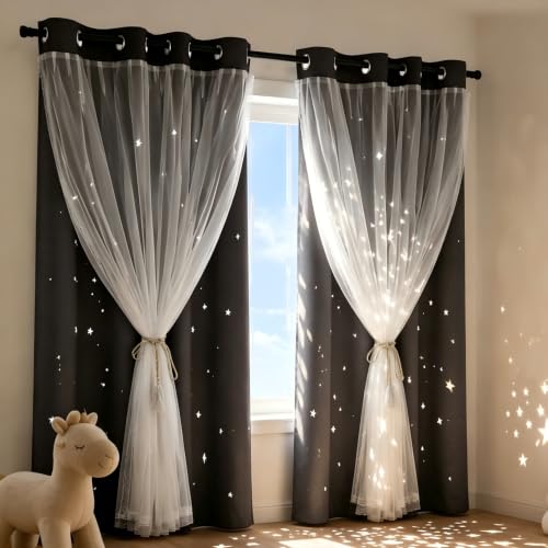 Grey Kids Star Cutout Blackout Curtains for Bedroom 52"W x 72"L 2 Panels - color: Grey, size: 52"W x 72"L (Pack of 2)