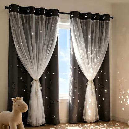 Grey Kids Star Cutout Blackout Curtains for Bedroom 70"W x 72"L 2 Panels - color: Grey, size: 70"W x 72"L (Pack of 2)