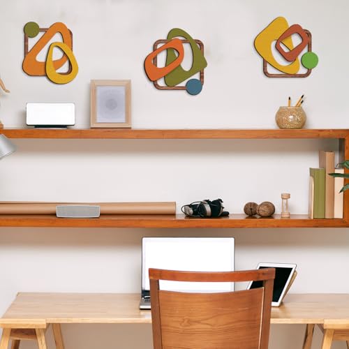 Pigort 3 Pcs Wooden Abstract Wall Art Mid Century Modern Wall Art 3D Modern Elegance Wall Decor Geometric Wall Decoration for Home Living Room Office 12.2x13inch