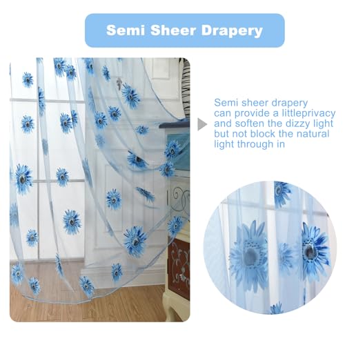 Ufurty 2pcs Sunflower Window Curtain Blue Floral Voile Sheer Curtains - color: Blue Flower, size: 39.4"W x 78.7"L (Pack of 2)
