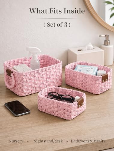 Small Wicker Baskets, 3 PCS Paper Rope Baskets for Shelves, Pink - color: Pink